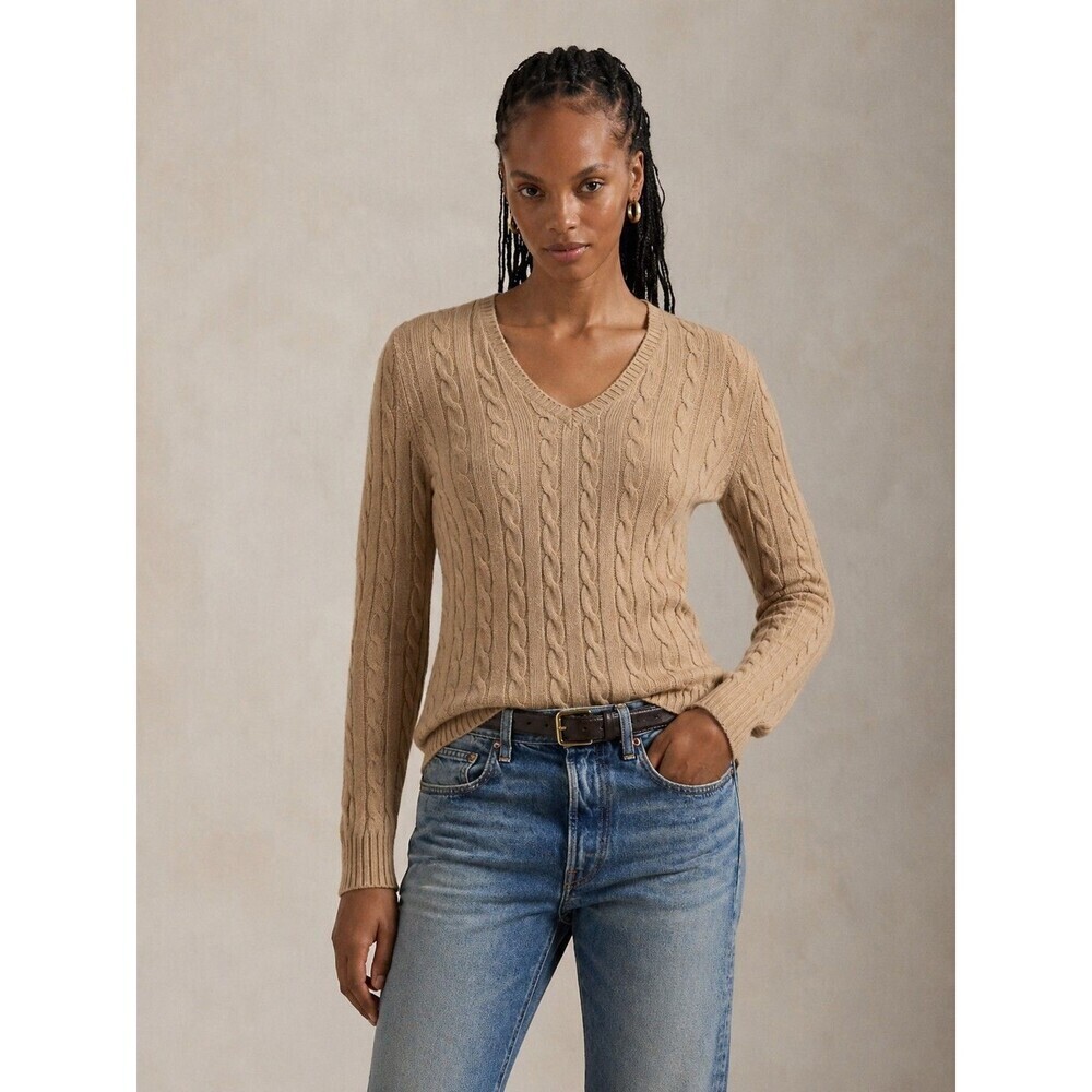 RALPH LAUREN Cashmere Cable Knit V-neck Beige Sweater Old Money Classic Sz M